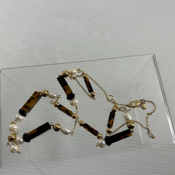 Ann Taylor Necklace Beaded Gold Tone Faux Tigers Eye Faux Pearl 33" - Picture 2 of 7